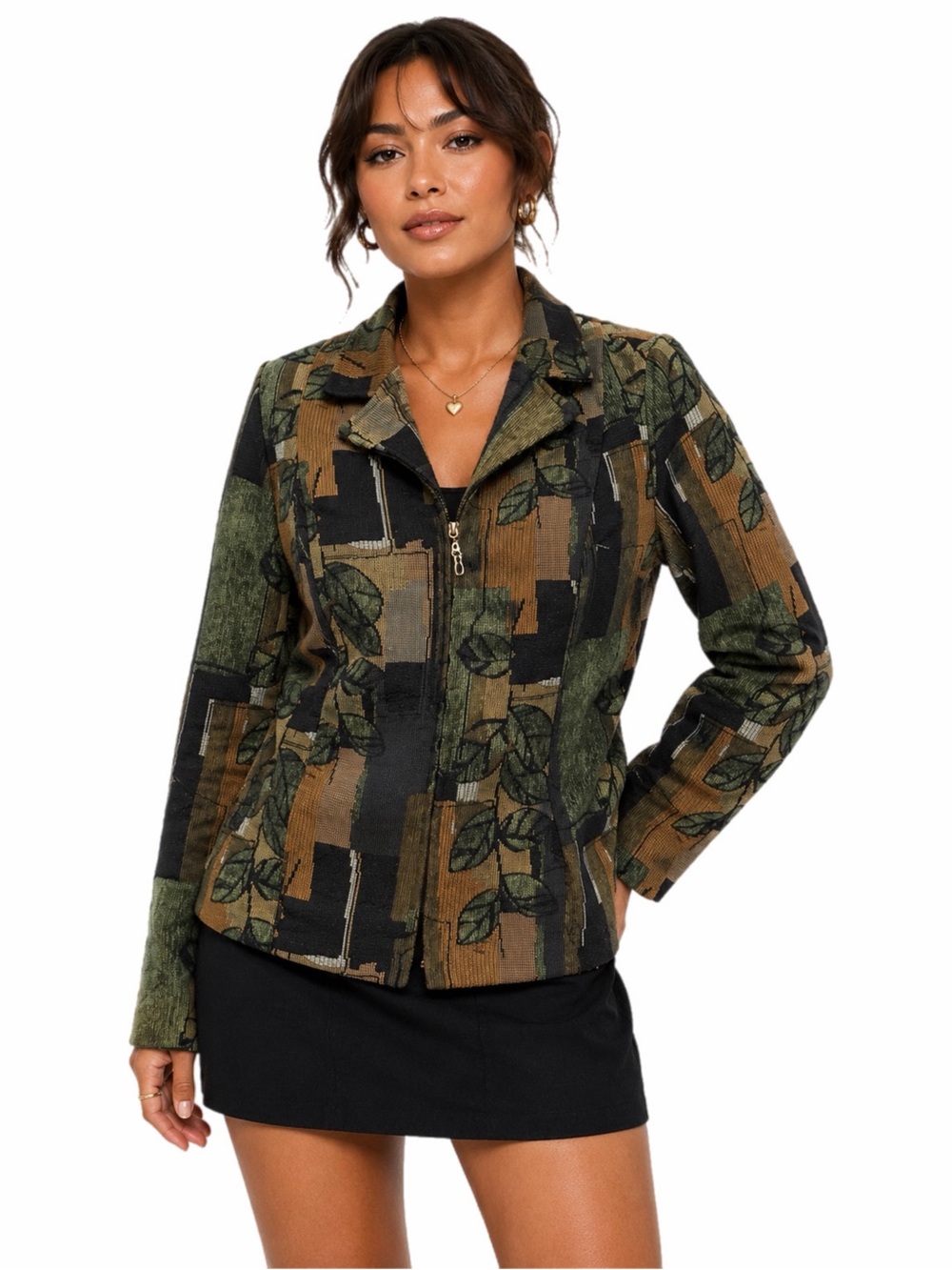 Y2K Vintage Dressbarn Tapestry Zip Blazer Jacket – Forest Foliage Print – M